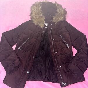 Women's Brown Puffer Jacket with Faux Fur Hood